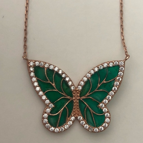 925 Silver green butterfly necklace cz stones rose gold plated - Picture 4 of 4